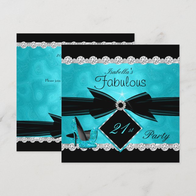 Fabulous 21 Teal Black Silver Birthday Party Invitation (Front/Back)