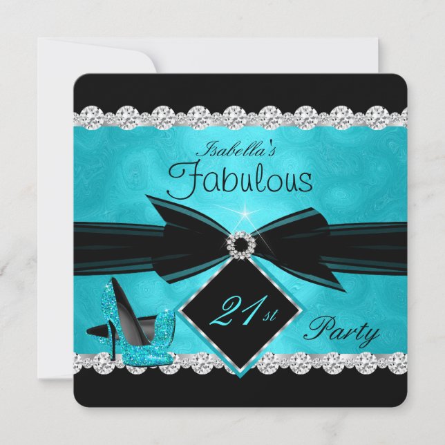 Fabulous 21 Teal Black Silver Birthday Party Invitation (Front)