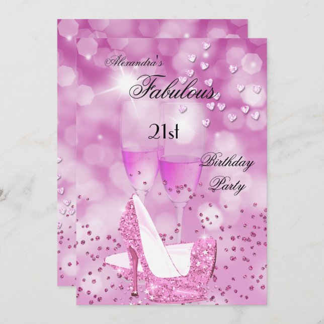 Fabulous 21st Party Shimmer Pink High Heels Invitation (Front/Back)