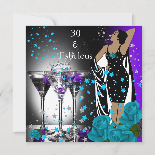 Fabulous 30 30th Birthday Teal Roses Purple Invitation (Front)