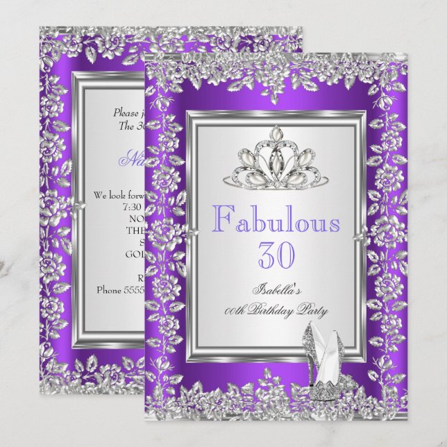 Fabulous 30 Birthday Party Purple Silver Shoes 2 Invitation (Front/Back)