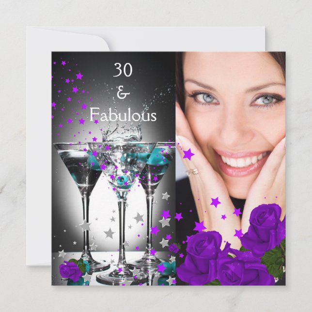 Fabulous 30 Birthday Teal Purple Roses Photo Invitation (Front)