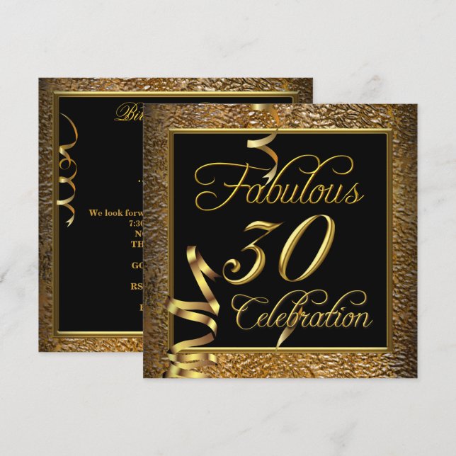 Fabulous 30 Celebration Gold Black Birthday Party Invitation (Front/Back)