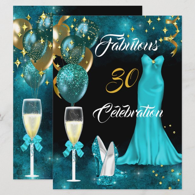 Fabulous 30 Champagne Party Teal Blue Heels Gold Invitation (Front/Back)
