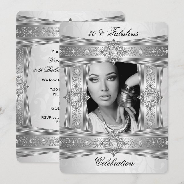 Fabulous 30 Elegant Diamond Gem Silver White Photo Invitation (Front/Back)