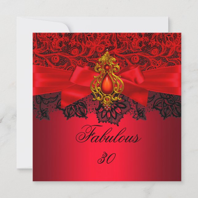 Fabulous 30 Elegant Red Black Jewel Party SQ Invitation (Front)