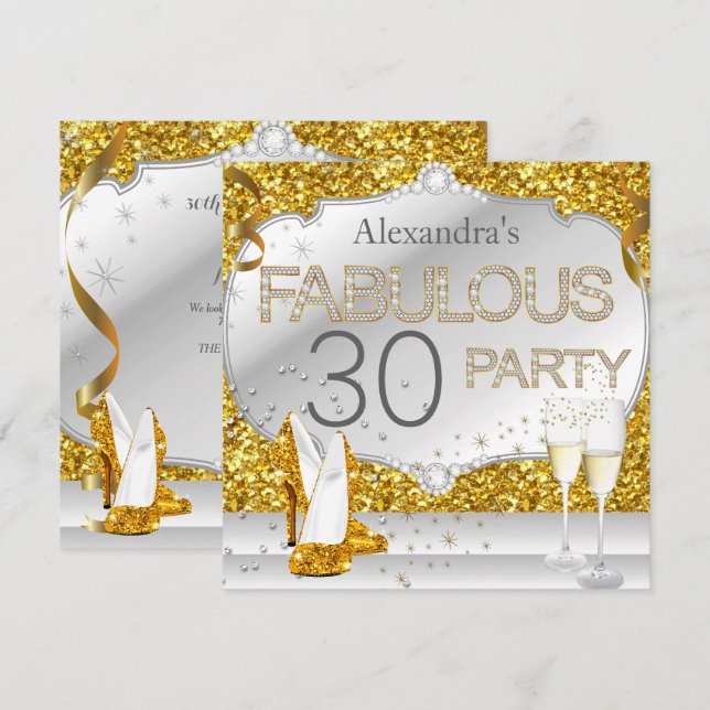 Fabulous 30 Gold Glitter Glamour Birthday Party Invitation (Front/Back)