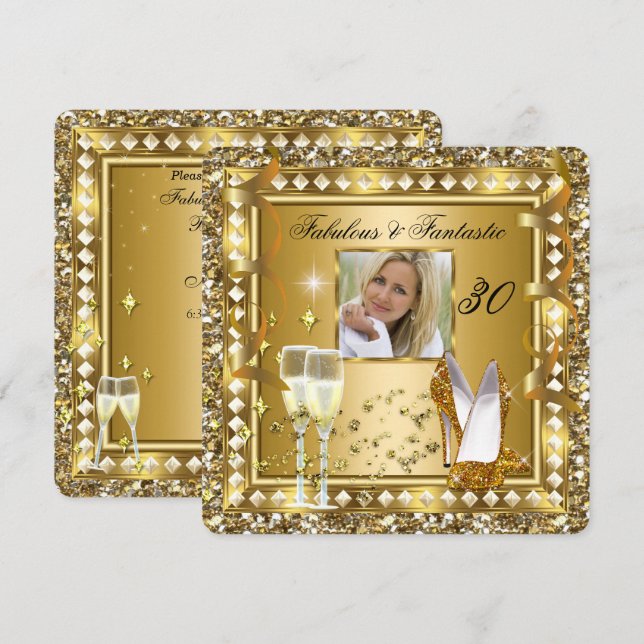 Fabulous 30 Photo Gold Glam Hollywood Birthday Invitation (Front/Back)
