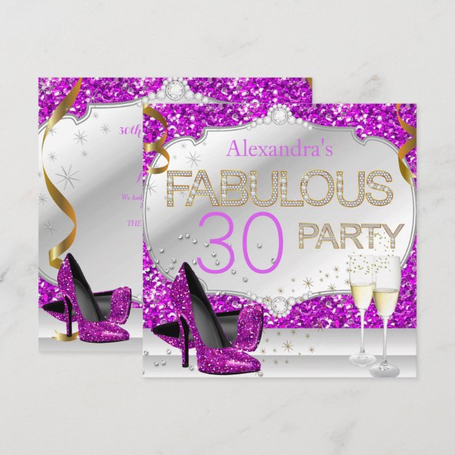 Fabulous 30 Pink Glitter Glamour Birthday Party Invitation (Front/Back)