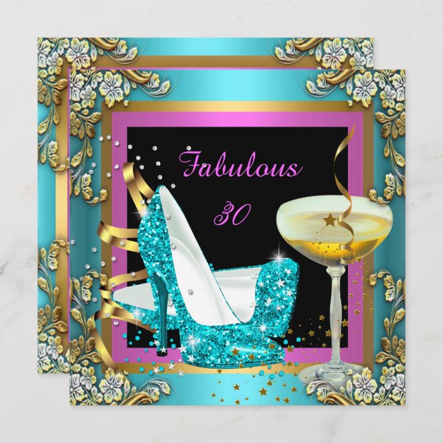Fabulous 30 Pink Teal Gold Champagne Birthday Invitation (Front/Back)