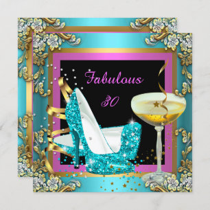 Fabulous 30 Pink Teal Gold Champagne Birthday Invitation