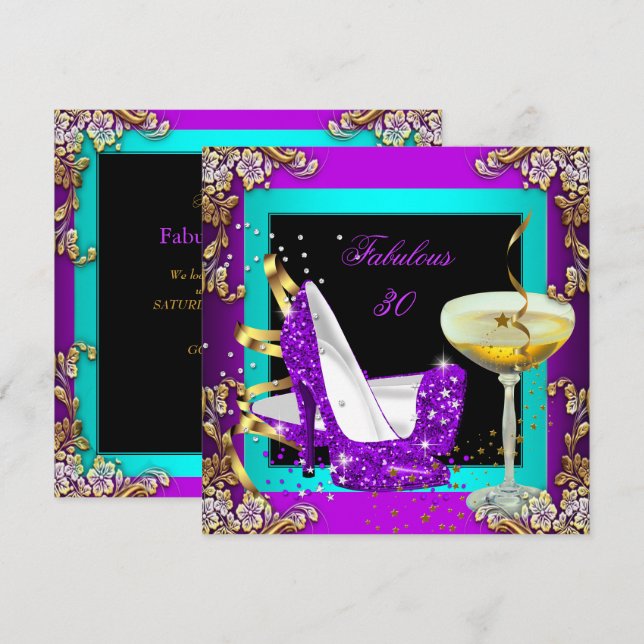Fabulous 30 Purple Teal Glitter Gold Party Invitation (Front/Back)