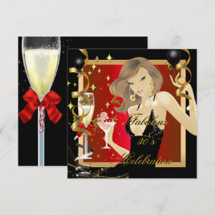 Fabulous 30 Red Gold Black Birthday Party Invitation