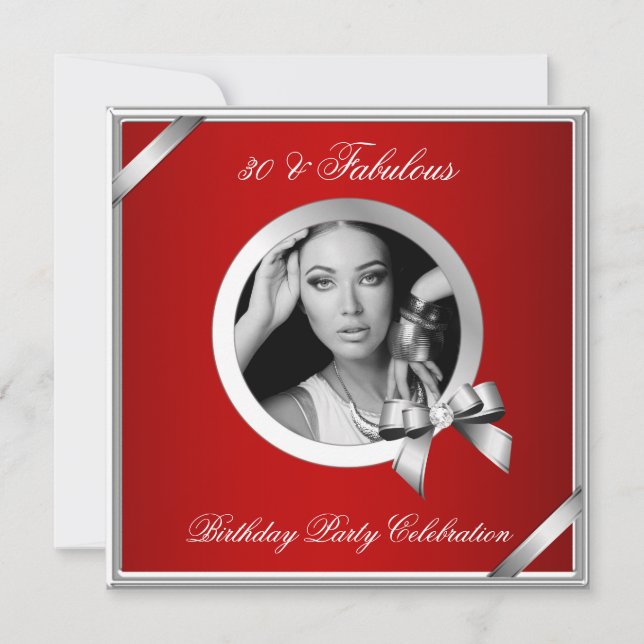 Fabulous 30 Regal Red Diamond Silver Photo Invitation (Front)