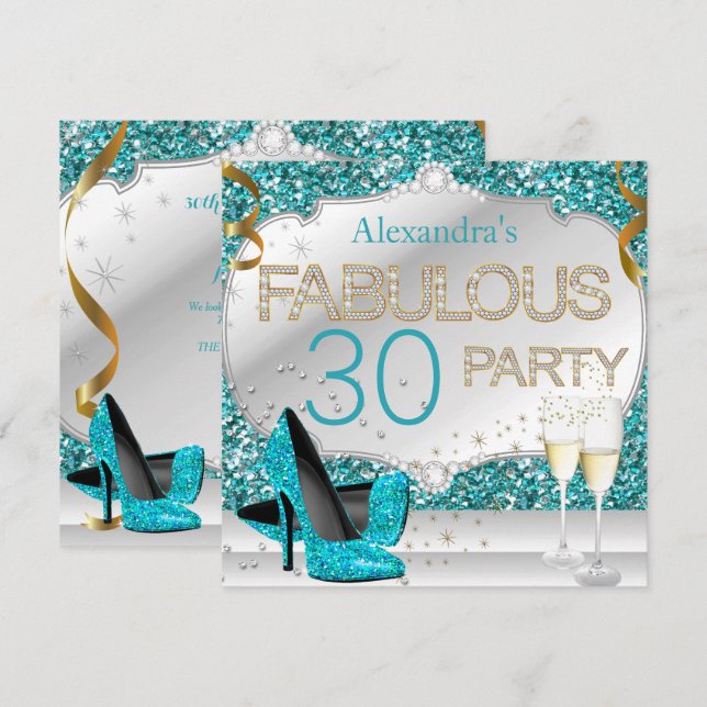 Fabulous 30 Teal Glitter Glamour Birthday Party Invitation (Front/Back)