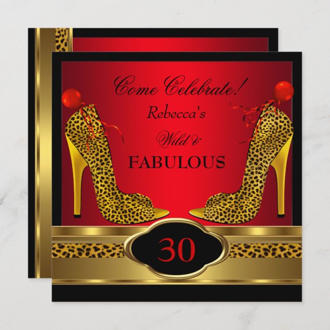Fabulous 30 Wild Leopard Red Cheetah High Heels Invitation (Front/Back)