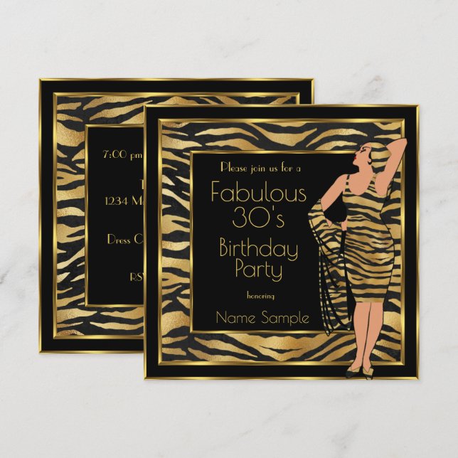 Fabulous 30's Birthday Party Gold Deco Lady 2 Invitation (Front/Back)