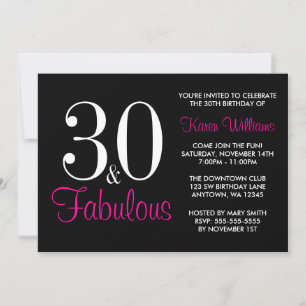 Fabulous 30th Black and Pink Birthday Party Invitation