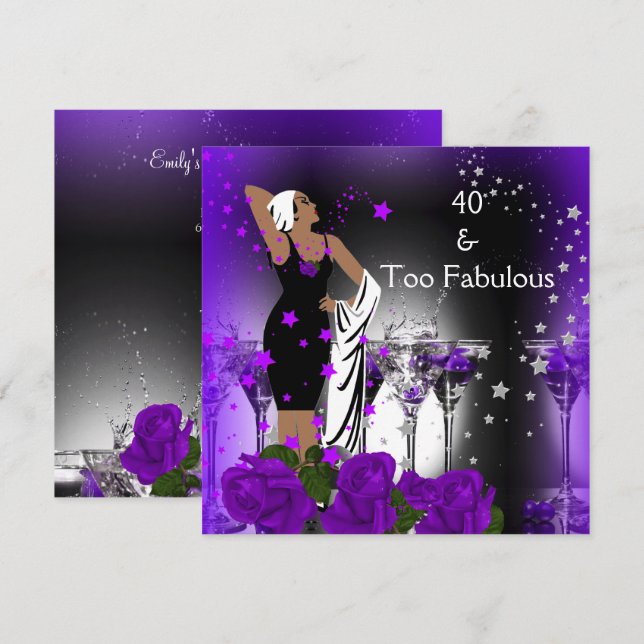Fabulous 40 40th Birthday Purple Roses Drinks Invitation (Front/Back)