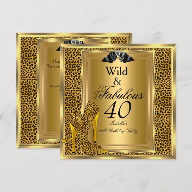 Fabulous 40 Birthday Party Gold Wild Leopard Shoes Invitation (Front/Back)