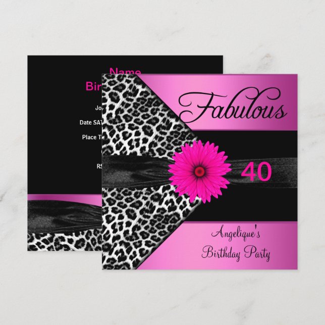 Fabulous 40 Birthday Party Hot Pink Leopard Invitation (Front/Back)