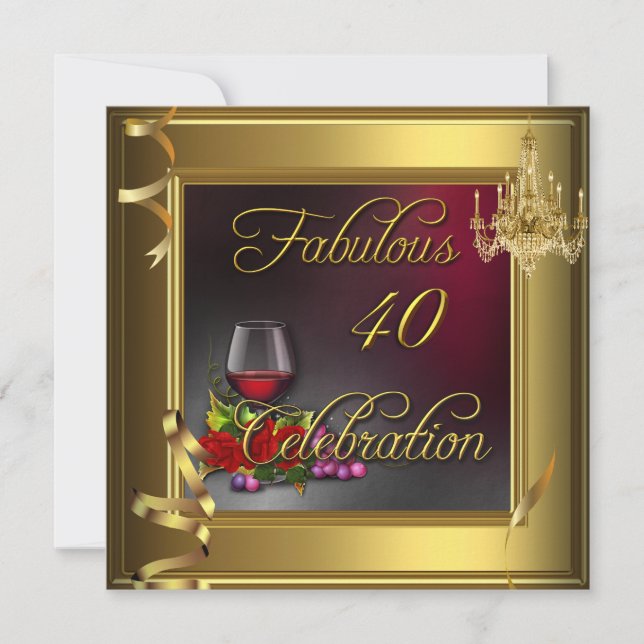 Fabulous 40 Celebration Cream Gold Roses Wine Invitation (Front)