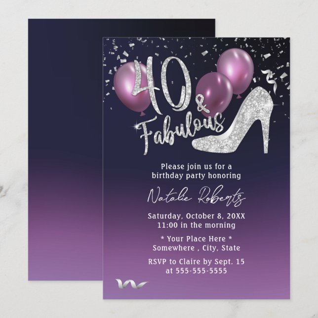 Fabulous 40 Deep Purple Girl 40th Birthday  Invitation (Front/Back)