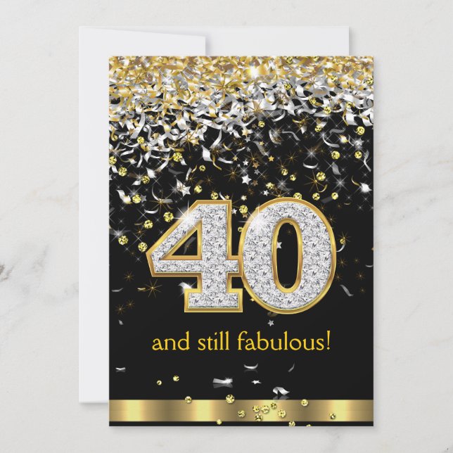 Fabulous 40 Gold Silver Streamers 40th Birthday B Invitation (Front)