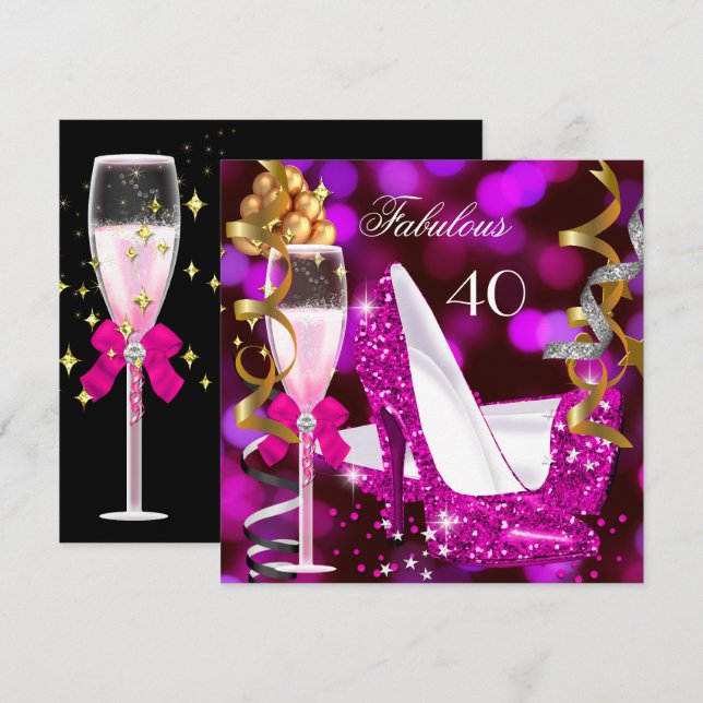 Fabulous 40 Hot Pink Gold Bubbles Glitter Party 2 Invitation (Front/Back)