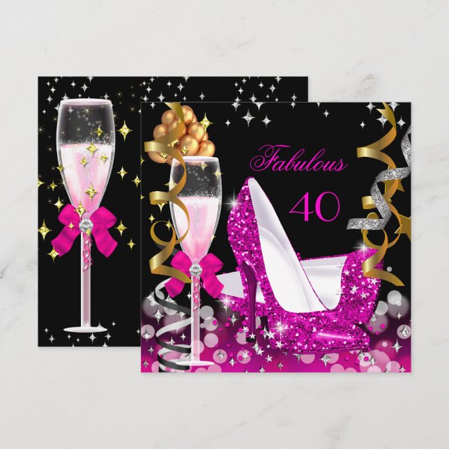 Fabulous 40 Hot Pink Gold Bubbles Glitter Party 2 Invitation (Front/Back)