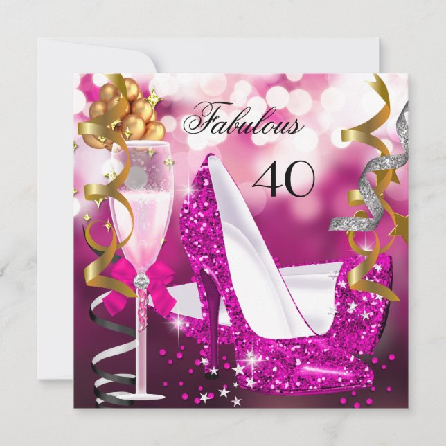 Fabulous 40 Hot Pink Gold Bubbles Glitter Party 3 Invitation (Front)