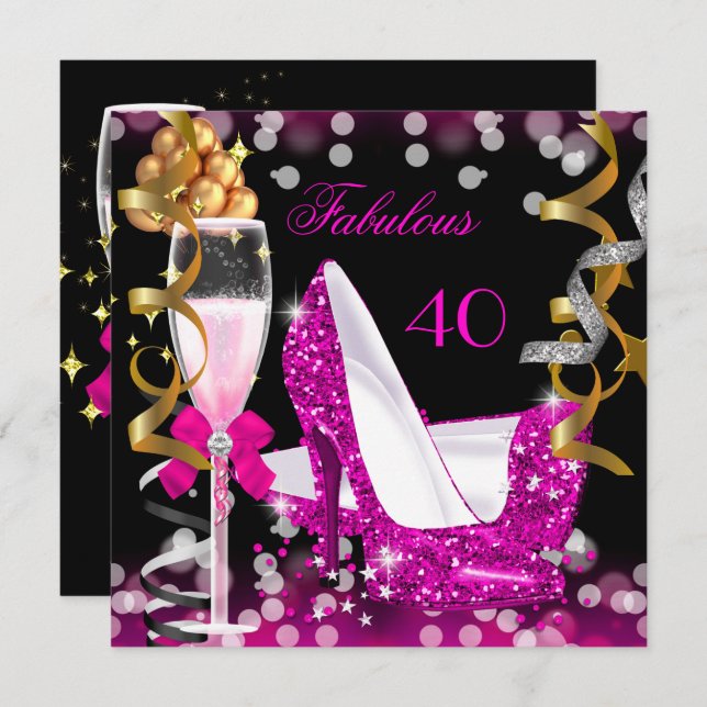 Fabulous 40 Hot Pink Gold Bubbles Glitter Party Invitation (Front/Back)