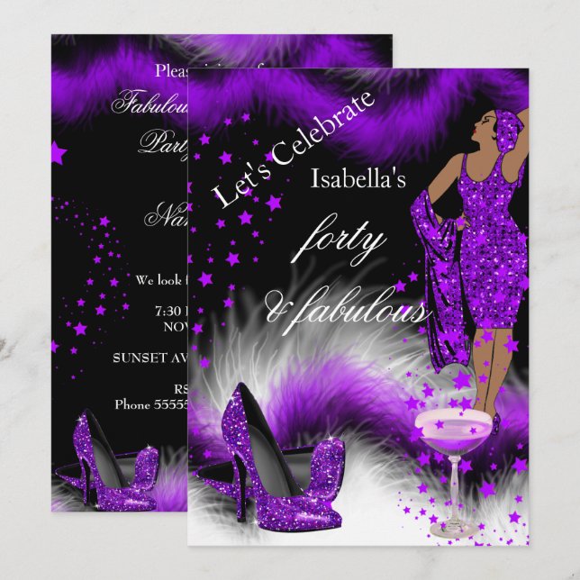 Fabulous 40 Lady Purple Champagne Birthday Party Invitation (Front/Back)