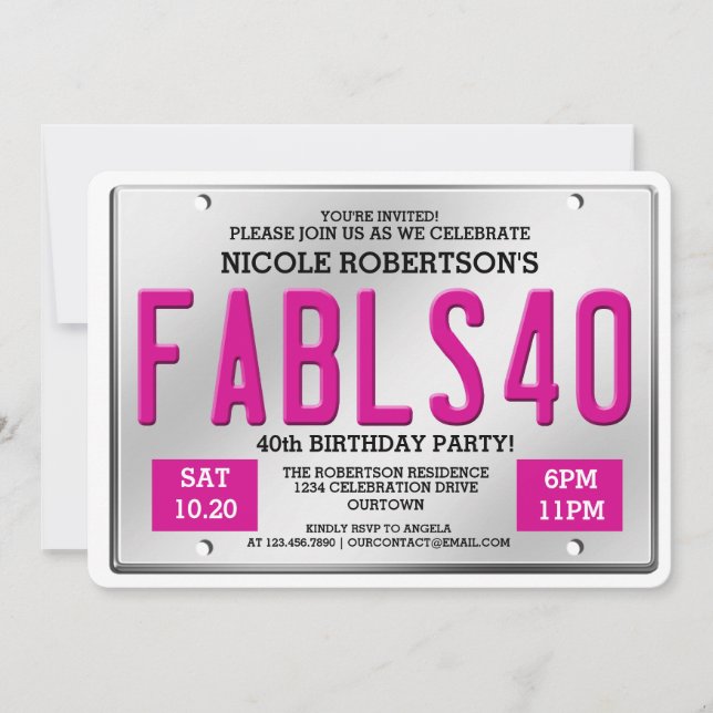 Fabulous 40 License Plate Birthday Invitations (Front)