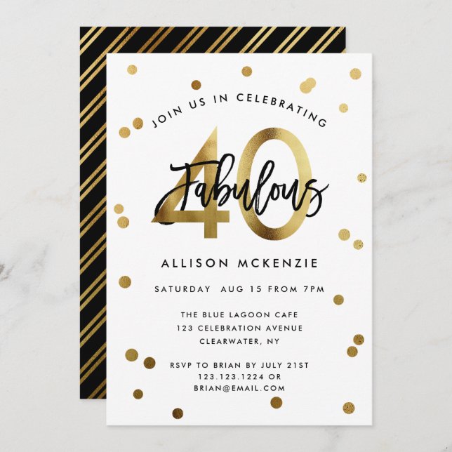 Fabulous 40 | Modern Elegant Gold Brushed Birthday Invitation (Front/Back)