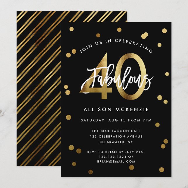 Fabulous 40 | Modern Elegant Gold Stylish Birthday Invitation (Front/Back)
