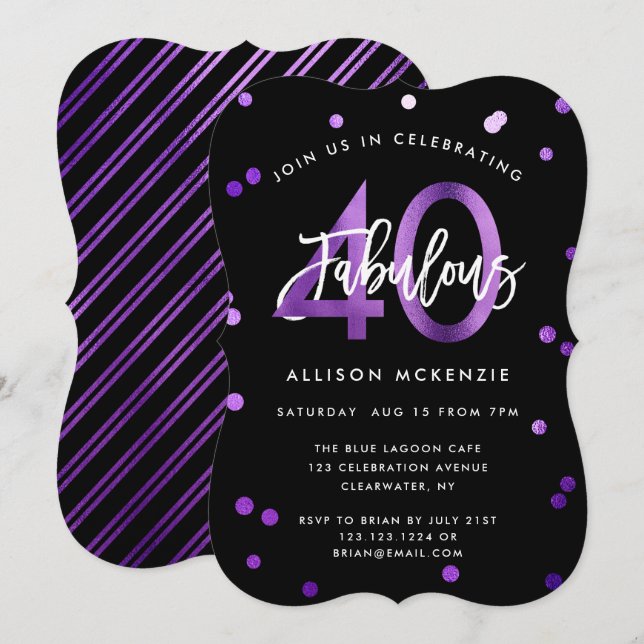 Fabulous 40 | Modern Elegant Purple Birthday Party Invitation (Front/Back)