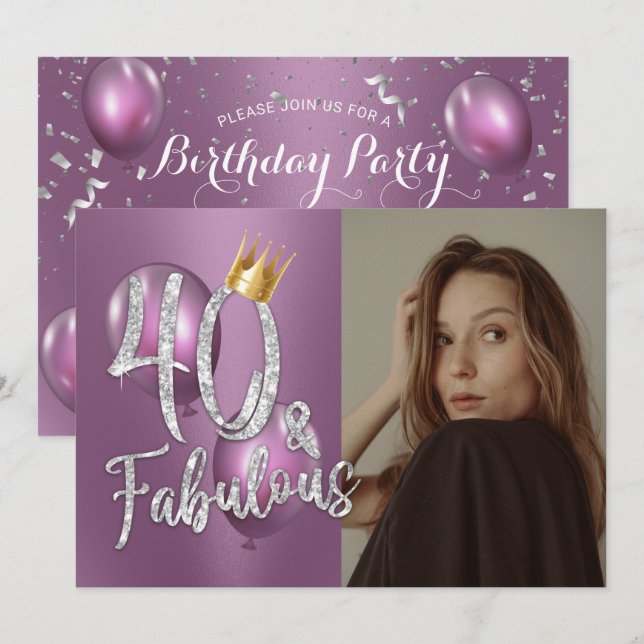 Fabulous 40 Modern Purple Photo 40th Birthday Invi Invitation (Front/Back)
