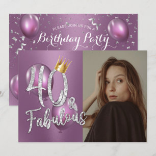 Fabulous 40 Modern Purple Photo 40th Birthday Invi Invitation