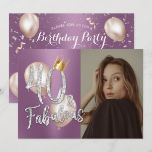 Fabulous 40 Modern Purple Photo 40th Birthday Invitation