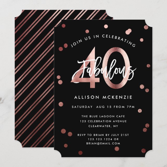 Fabulous 40 | Modern Rose Gold Stylish Birthday Invitation (Front/Back)