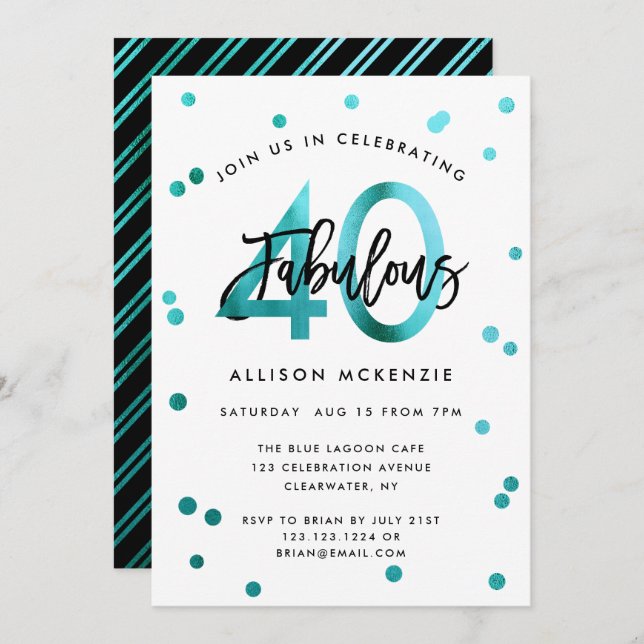 Fabulous 40 | Modern Script Girly Teal Birthday Invitation (Front/Back)
