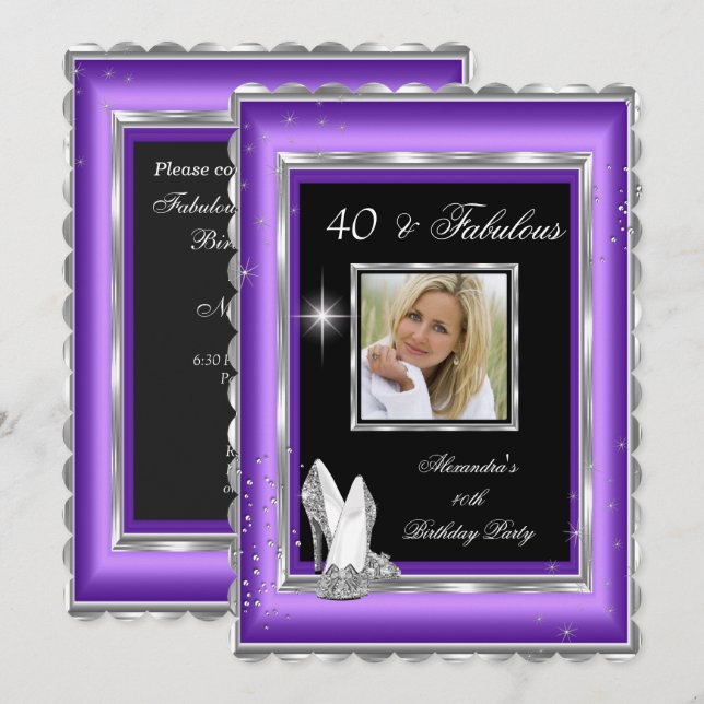 Fabulous 40 Party Photo Purple Silver High Heels Invitation (Front/Back)