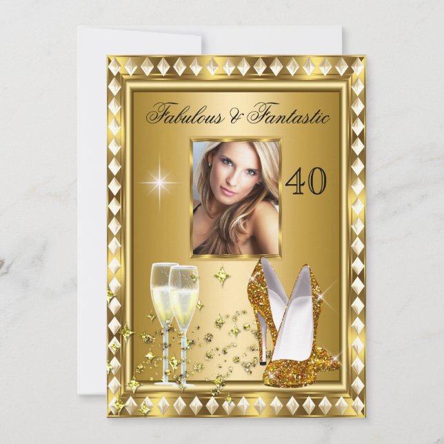 Fabulous 40 Photo Gold Glam Hollywood Birthday 4 Invitation (Front)