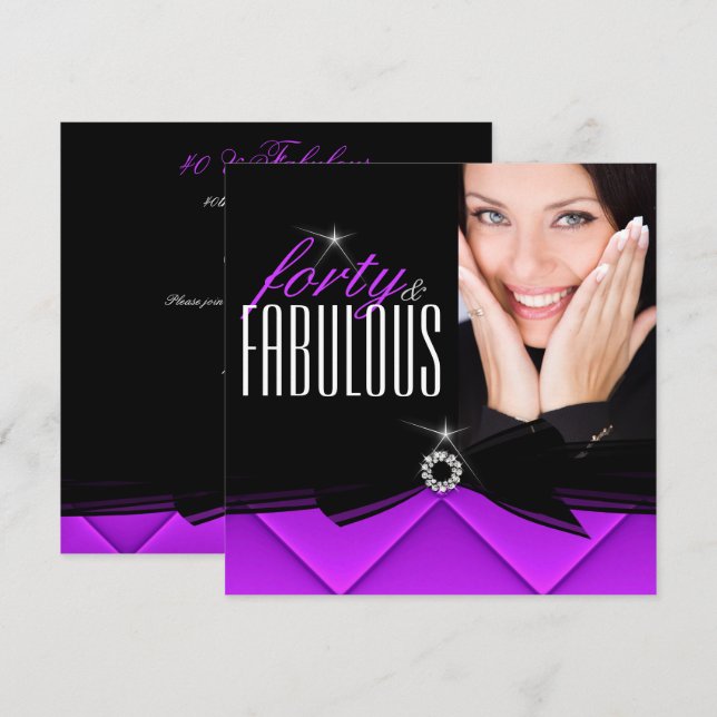 Fabulous 40 Photo Purple Black Birthday Party Invitation (Front/Back)