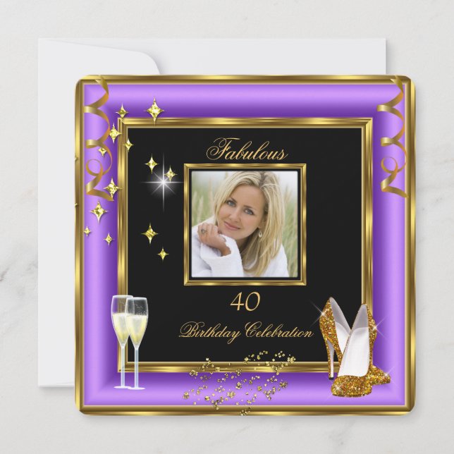 Fabulous 40 Photo Purple Gold Champagne Heels 2 Invitation (Front)