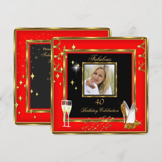 Fabulous 40 Photo Red Gold Champagne Heels Invitation (Front/Back)