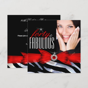 Fabulous 40 Photo Red Zebra Black White Birthday Invitation