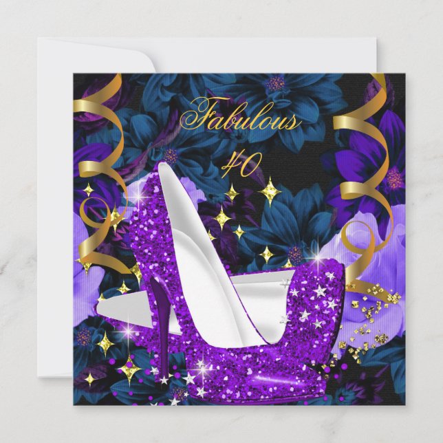 Fabulous 40 Purple Gold High Heels Floral Birthday Invitation (Front)