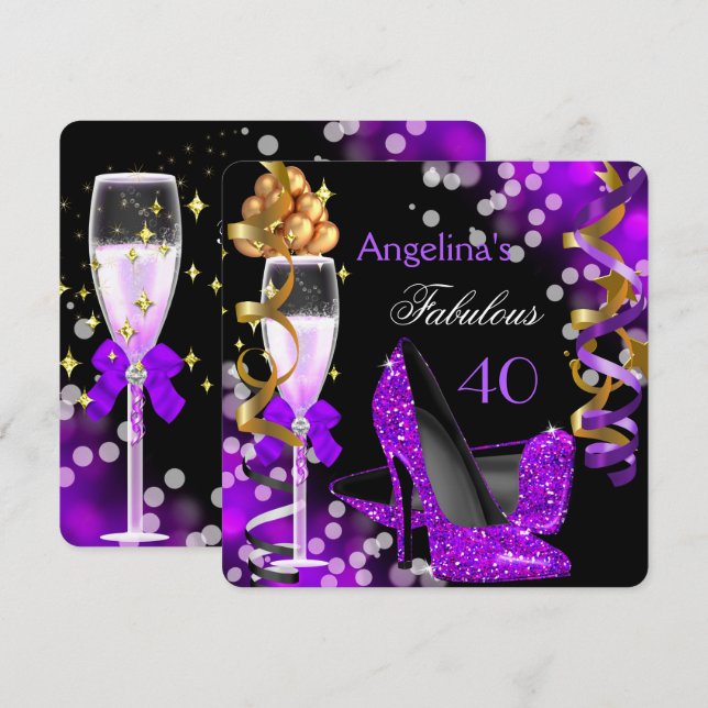 Fabulous 40 Purple Heels Gold Bubbles Birthday Invitation (Front/Back)
